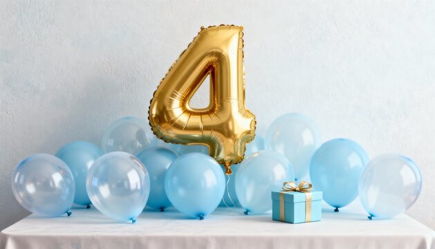 Gold number four balloon with blue balloons and gift box on table for little boy birthday banner.
