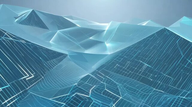 A seamless flowing 3D grid of connected polygons triangles hexagons gently undulates water, shades of blue reflective light travel along grid lines, techy elegant vibe. Perfect corporate tech designs