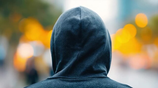 Mysterious Hooded Figure: A lone individual, shrouded in the anonymity of a hooded sweatshirt, stands at the crossroads of an urban landscape, inviting speculation and introspection.