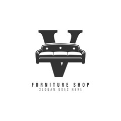 Letter V Sofa Logo Design. Alphabet V Furniture icon