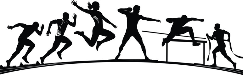 Athlete silhouettes running jumping hurdling throwing javelin pole vaulting track field sports competition dynamic action