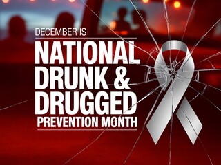December is national drunk and drugged prevention month with a silver awareness ribbon and blurred background of people
