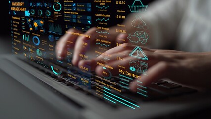 Inventory management dashboard showing supply chain performance, stock levels, order cycle times, cost reduction, and procurement ROI. Inventory tracking, and streamline warehouse efficiency. Thunk