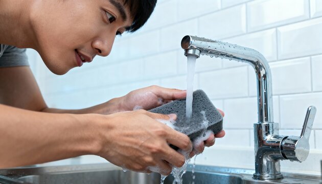 asian man rinsing sponge under water with metal faucet, bright morning light, crisp clean mood
