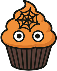 Spooky Cartoon Eyeball and Spiderweb Halloween Cupcake Illustration