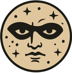Vintage Mystical Stern Moon Face with Stars Icon Illustration