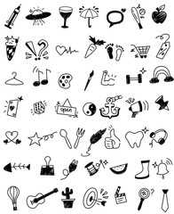 Hand Drawn Doodle Icon Set. A collection of 50 fun and creative hand drawn doodle elements. Perfect for stickers, planners, social media, and digital designs.