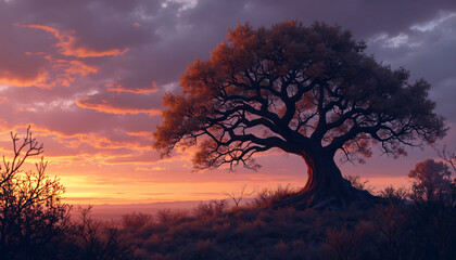 Large tree on hill at sunset