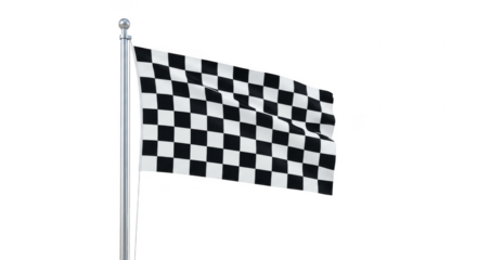 A classic black and white checkered flag waving majestically on a flagpole symbolizing victory and the thrilling conclusion of a race event.