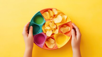 8 section circular dipping bowl for potato chips, different coloured segments, 