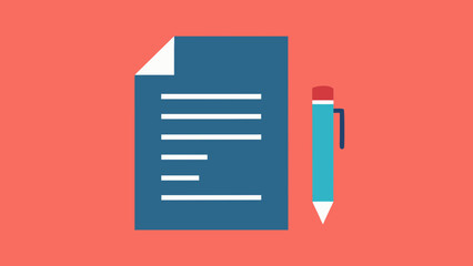 Document and Pen Icon on Red Background Keywords: document, paper, writing, pen, pencil