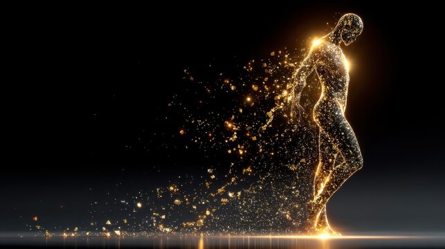 A glowing, golden humanoid figure appears to be walking, while dissolving into sparkling particles on a dark, reflective surface. Digital art showcases transformation