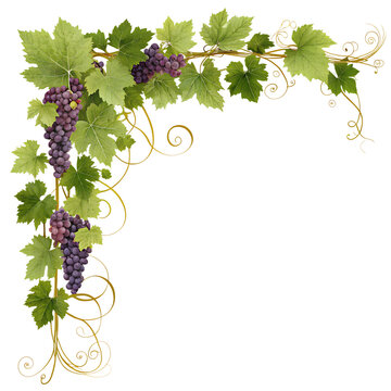 Grapevine border with purple grapes and green leaves isolated on transparent background