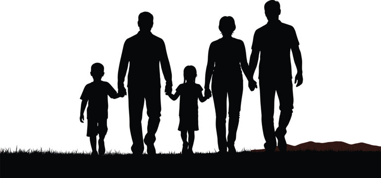 Family silhouettes walking together holding hands on grass field at sunset with love and unity - Powered by Adobe