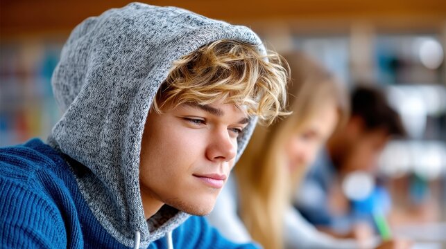 A blond teenage boy in a hooded sweatshirt studies alongside other students. They appear to be in a classroom, likely at a high school or college during the daytime