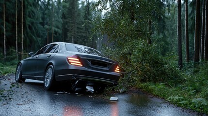 A luxury sedan is parked near a tree on a wet road, surrounded by vibrant greenery under overcast skies in rainy weather.