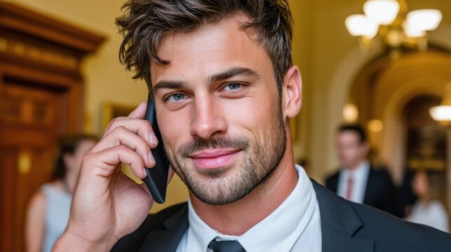 A smiling man in a dark suit and white shirt is holding a smartphone to his ear in the lobby of a luxurious hotel. Other people are walking in the background
