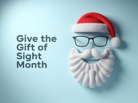 Santa claus inspired face with glasses and beard representing the gift of sight month