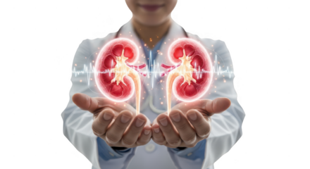 Doctor holding glowing kidneys symbolising health and medical care with advanced technology glowing from within on a dark setting