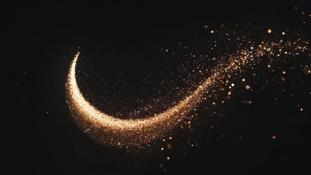 golden glitter crescent video with slowly moving sparkling particles on dark background