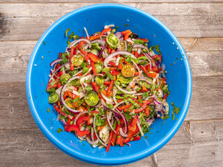 Fresh vegetable salad with cherry tomatoes, onions, peppers, and herbs in a blue bowl, top view.
