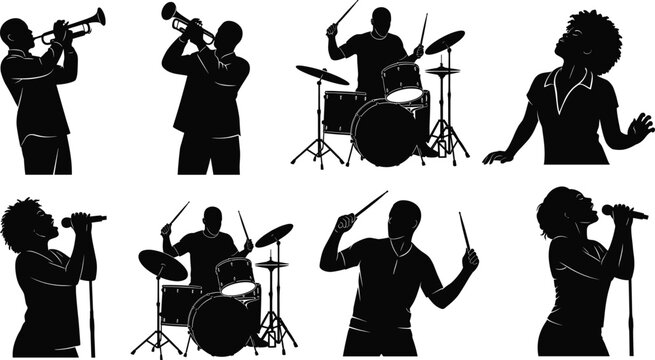 Jazz band silhouettes performing live music concert, trumpet players, drummers, soulful singers, rhythmic stage performance, energy - Powered by Adobe