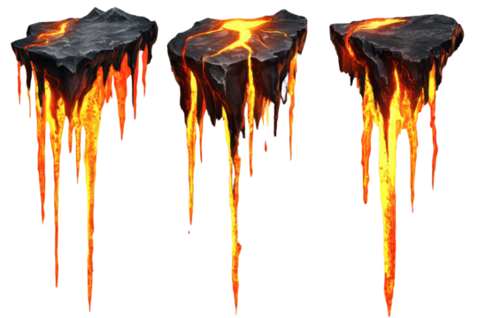 Collection of molten lava drips suspended in the air showcases the intense beauty of volcanic processes in a dynamic geologic setting