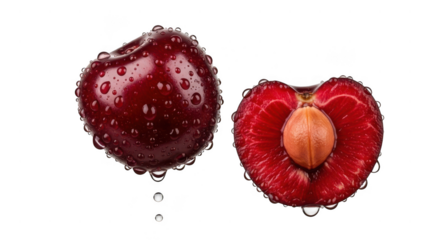 A whole glistening red cherry with water droplets and a halved cherry revealing its pit and vibrant red flesh against a stark black background