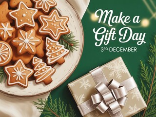 Festive make a gift day celebration with decorated gingerbread cookies and a beautifully wrapped present