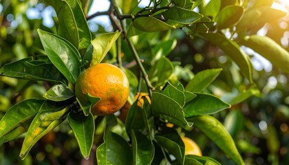 Ripe orange fruit hangs from a citrus tree branch, lush green leaves in the foreground. Sunlight highlights the fruit
