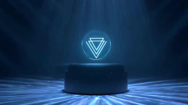Medium shot capturing a dynamic 3D holographic logo spinning above a pedestal radiating vibrant light beams that enhance brand recognition in a modern setting.