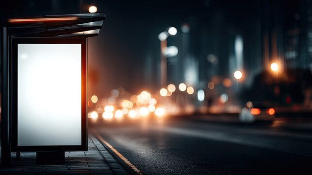Bright city street filled with moving cars and traffic lights, showcasing a blank advertising board under evening lights