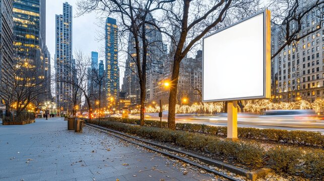 Bright city street filled with moving cars and traffic lights, showcasing a blank advertising board under evening lights