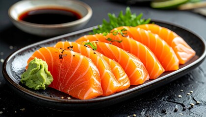 Fresh salmon sashimi slices arranged on a dark plate, with a side of wasabi and sesame seeds. A small bowl of dark soy sauce is visible in the background