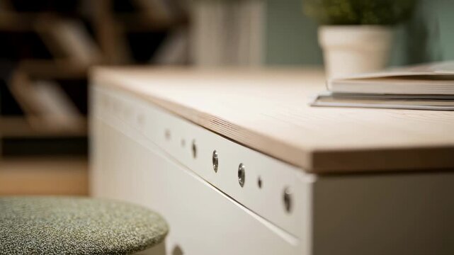 Image shows closeup medium shot of compact foldable furniture attached to wall focused clickable hinges with blurred surrounding small room to highlight multifunctional design.