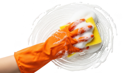 Close-up shot of a gloved hand scrubbing a surface creating foamy suds highlighting the cleaning process and hygiene practices in a dynamic yet simple composition.