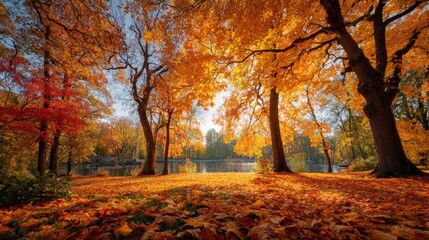A symphony of fall colors in nature's grand display. Visual poster. Vivid autumn dreamscape: a bright canvas of leaves and light. Film poster. Blockbuster poster.