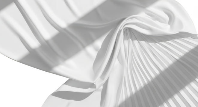 Abstract close up of white pleated fabric with dramatic diagonal shadows creating a minimalist and elegant texture with a feeling of movement and sophistication