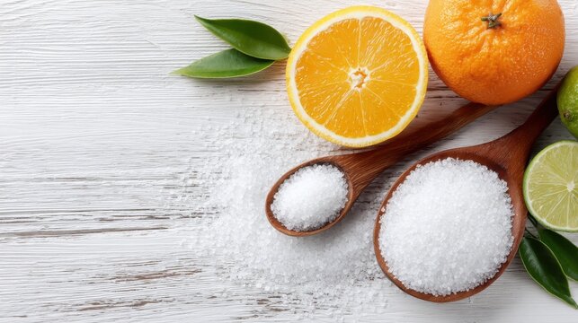 Stunning photo of citrus fruits and citric acid in wooden spoons on a rustic table.