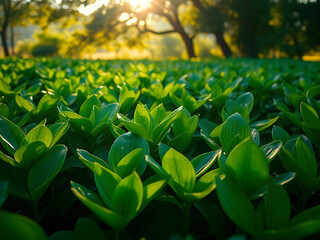 Obraz premium Green leaves with sun shining through the trees