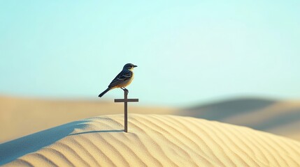30. A Desert Sparrow stands atop a sun-bleached cross in a vast sandy expanse.