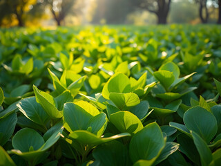 Green leaves with sun shining through the trees