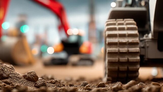 Construction Site Close-Up: A detailed shot of a construction site, highlighting the robust tire of a heavy machinery vehicle, emphasizing the industrious atmosphere of an active construction zone. 