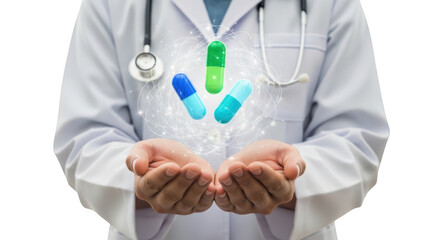 Doctor wearing a white lab coat and stethoscope holding out open hands with three colorful capsules floating above them in a medical concept