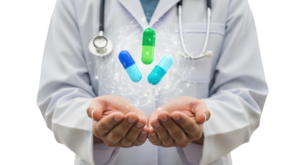 Doctor wearing a white lab coat and stethoscope holding out open hands with three colorful capsules floating above them in a medical concept