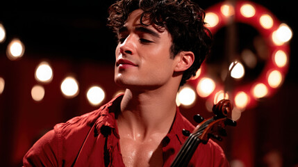 Young male musician passionately playing a cello under warm stage lights, conveying emotion and dedication.