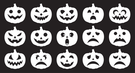 Fototapeta premium A collection of white halloween pumpkin faces expressing various emotions on a black background.