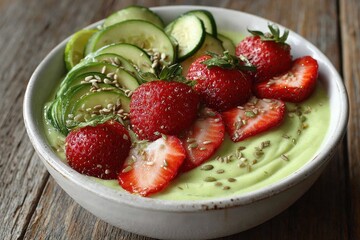 Green Smoothie Bowl with Strawberries and Sliced Avocado