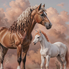 Obraz premium Horse photos. A mare with a curly white mane and a white foal with a bright orange mane, warm tones, a pastel pink background with clouds. A symbol of the New Year, the fiery horse.