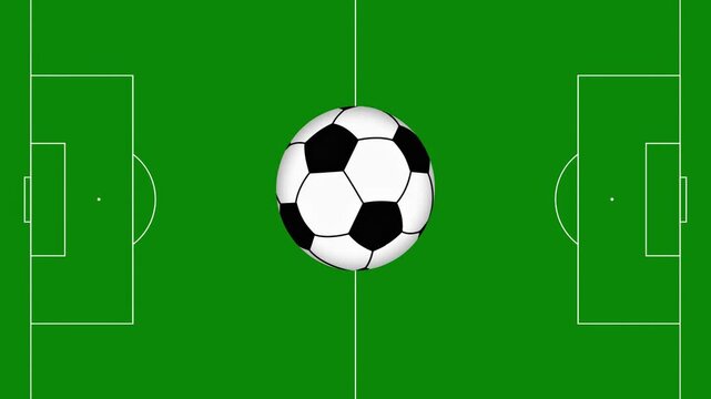 Animation of a bouncing football (soccer) ball in the center of a green field with white markings, with copy space, top view. Background for sports content.